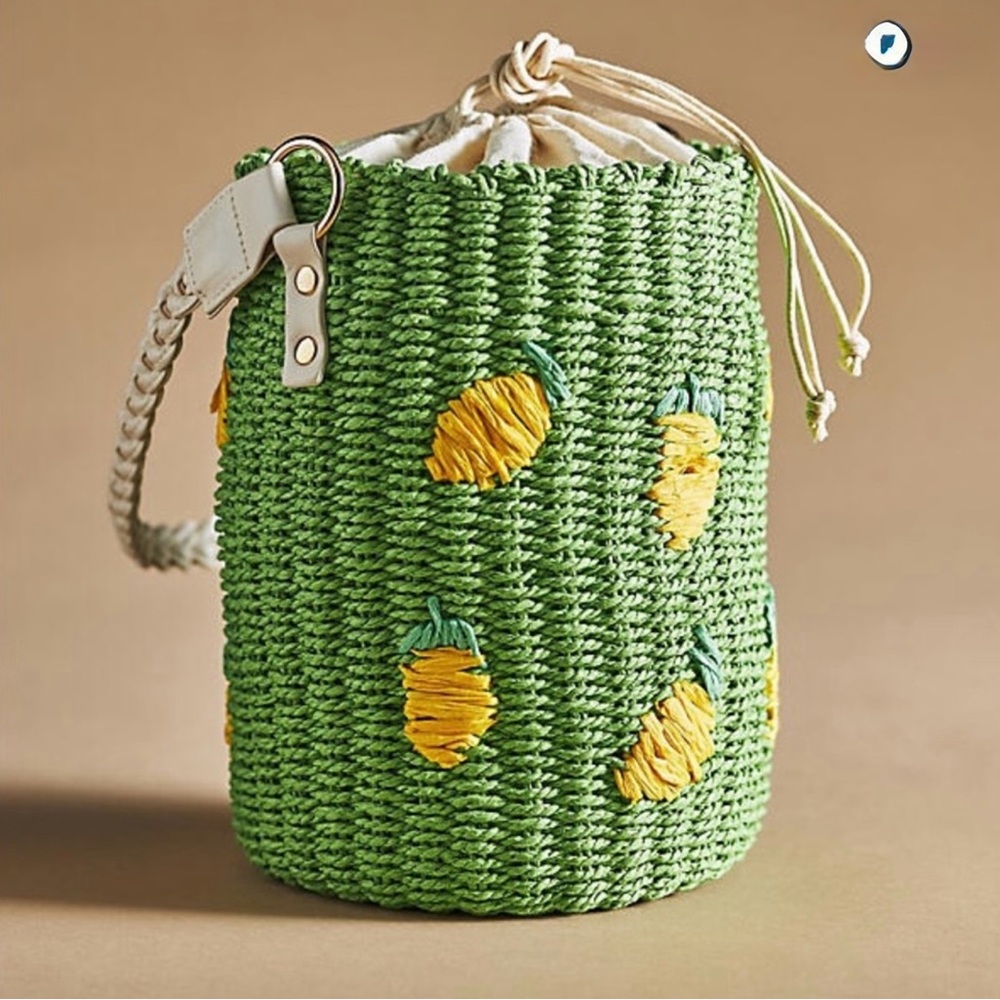 Anthropologie lemon print green raffia basket bag, 2 straps (1 removable)